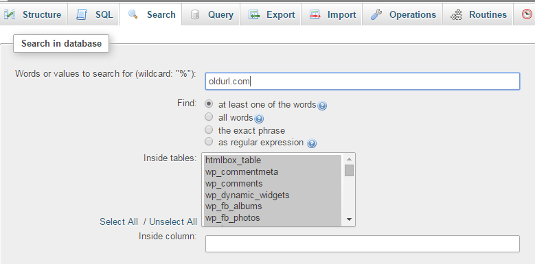 search mysql in phpmyadmin